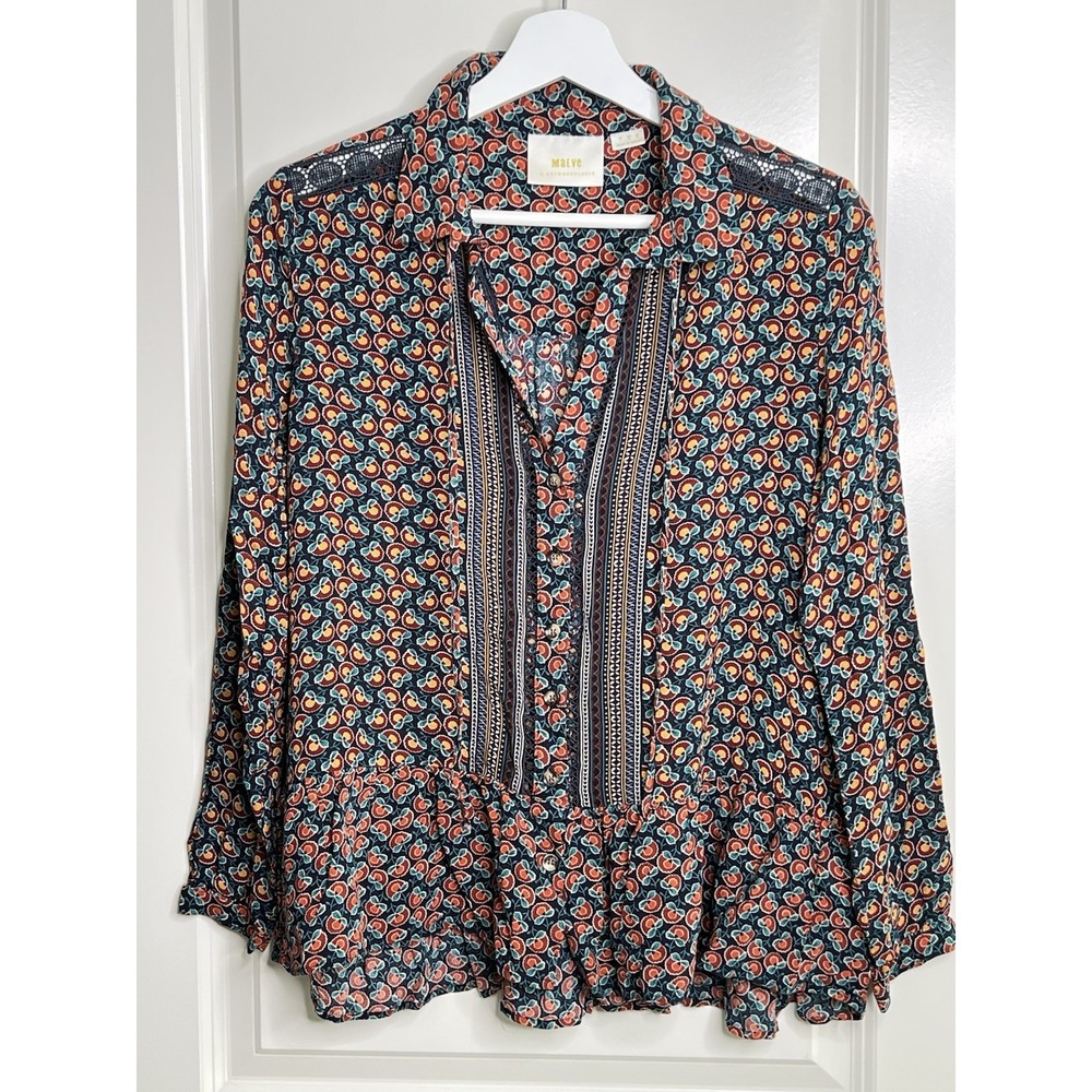 Anthropologie Maeve Janie Flounced Boho Blouse Size 2 Long Sleeve Button Up